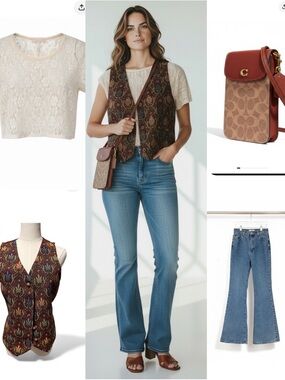 Boho Vintage Capsule Outfit | Free People Lace + 90s Vest + Flare Jeans + Coach